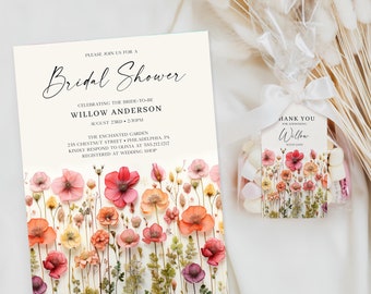 Floral Bridal Shower Invitation with Tag Template, Wildflowers Bridal Brunch Invite, Download, Flower Stems, Printable Bridal Shower Invite