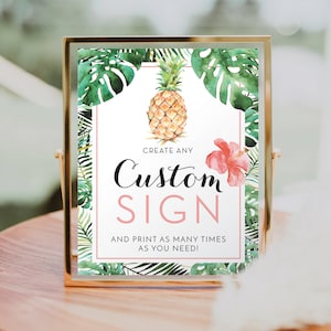 Modelo de placa personalizada editável, lembrancinhas, presentes e cartões, placas de mesa para impressão, tropical, luau de formatura, abacaxi, decoração de mesa, faça você mesmo, placa