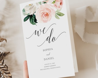 Folded Wedding Program Template, Printable Wedding Programs, Editable Wedding Ceremony Program, Instant Download, We Do, Blushing Blooms