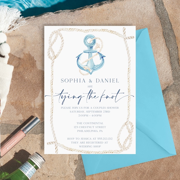 Nautical Beach Couples Shower Invitation Template, Tying The Knot, Bridal Shower Invite, Couples Shower, Editable Printable, Download, Navy