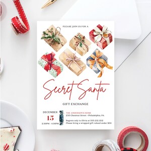 May include: A rectangular Secret Santa gift exchange invitation card featuring watercolor illustrations of six wrapped presents. The text reads: Please join us for a Secret Santa gift exchange, December 15, 2:30PM - 4:30PM, The Anderson's Home, 235 Chestnut Street, Philadelphia, PA, and contact details.