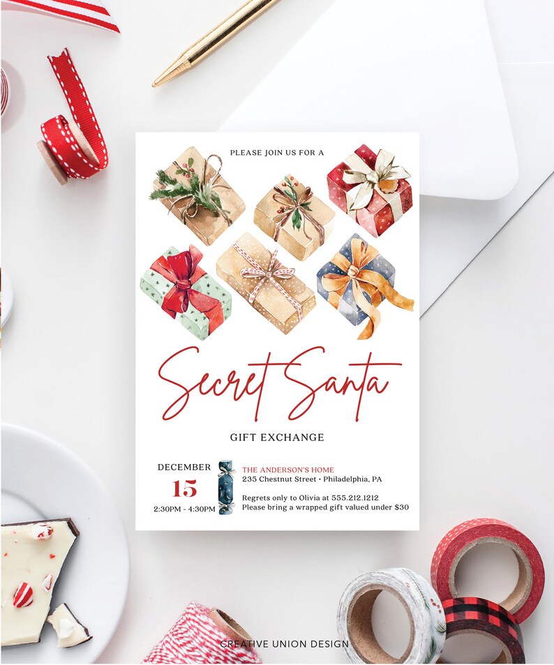 May include: A rectangular Secret Santa gift exchange invitation card featuring watercolor illustrations of six wrapped presents. The text reads: Please join us for a Secret Santa gift exchange, December 15, 2:30PM - 4:30PM, The Anderson's Home, 235 Chestnut Street, Philadelphia, PA, and contact details.