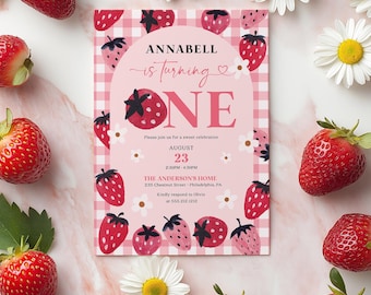 Berry First Birthday Invite Template, Strawberry 1st Birthday Invitation, Berry Birthday Party, Printable Girl Birthday Party, Strawberry