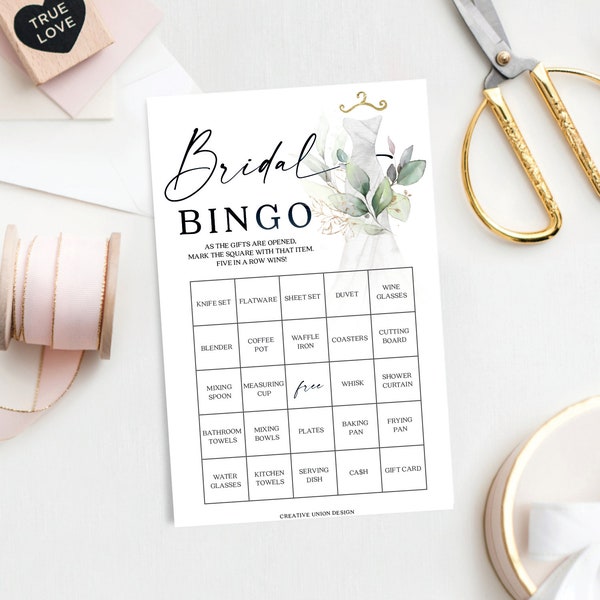 Bridal Shower Bingo Game, 60 Unique Game Sheets, Wedding Shower Game, Watercolor Greenery, Shower Bingo, Instant Download, Wedding Dress