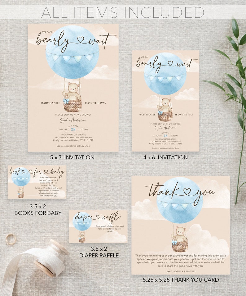 Boho Bearly Wait Baby Shower Invitation Set Template Printable Editable Thank You Card Diaper Raffle Books For Baby Bear Balloons Boy Baby image 5
