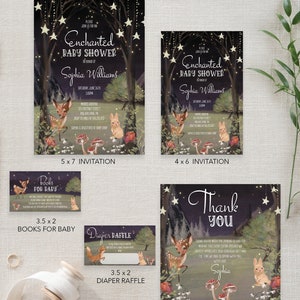 May include: A set of printable baby shower invitations and thank you cards featuring a woodland theme with a deer, rabbit, mushrooms, and stars. The invitations are 5x7 inches and 4x6 inches. The thank you card is 5.25x5.25 inches. The cards are in a dark blue color scheme with gold stars and white text.