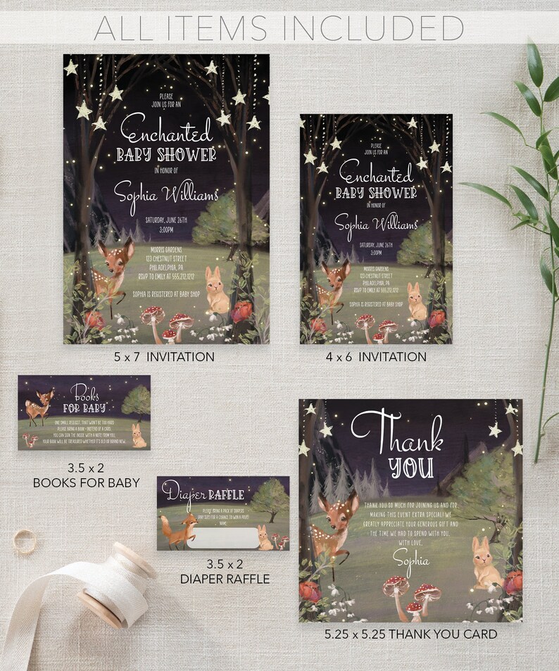 May include: A set of printable baby shower invitations and thank you cards featuring a woodland theme with a deer, rabbit, mushrooms, and stars. The invitations are 5x7 inches and 4x6 inches. The thank you card is 5.25x5.25 inches. The cards are in a dark blue color scheme with gold stars and white text.