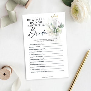 Bridal Shower Game, How Well Do You Know The Bride, Bridal Shower Games Printable, Bridal Shower Games, Watercolor Greenery, Wedding Dress