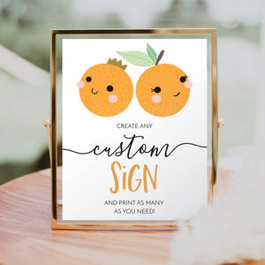 Plantilla de letrero personalizado editable de Little Cutie, letrero personalizado para revelar el género, obsequios, regalos y tarjetas, letreros de mesa imprimibles, cítricos, él o ella