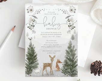 Op de afbeelding: Babyborrel uitnodiging met een winterbos thema. De uitnodiging bevat een aquarel illustratie van een hert, vos en konijn in een besneeuwd landschap. Tekst bevat de woorden "babyborrel" en evenement details.