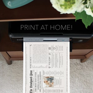 May include: A printable wedding announcement in the style of a newspaper. The headline reads "The Best Day Ever Sophia & Daniel Are Getting Married". The announcement includes a word search puzzle, a "Our Story" section, and a photo of the couple.