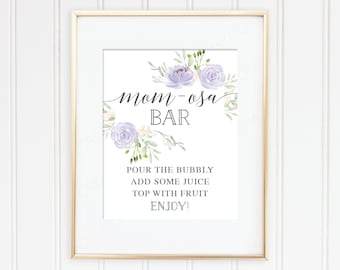 Mom-osa Bar Sign - Bubbly Bar - 8x10 Printable File - Baby Shower Printable - Mimosa Sign - Lavender Baby Shower Sign - Pastel Purple