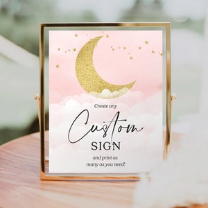Plantilla de letrero personalizado "Over the Moon", letrero editable para baby shower, recuerdos, regalos y tarjetas, letreros de mesa, baby shower, decoraciones, niña, rosa