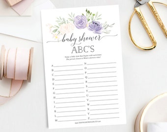 ABC's Baby Shower Game, Baby Shower Game, Baby ABCs, Printable, Instant Download, Gender Neutral, Pastel Purple, Lavender, Watercolor Floral