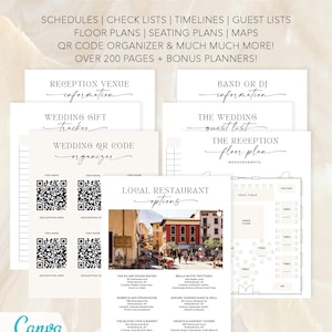 May include: A printable wedding planning checklist with sections for reception venue information, wedding gift tracker, wedding QR code organizer, band or DJ information, the wedding guest list, and the reception floor plan. The checklist also includes a section for local restaurant options with a photo of a restaurant in a European city.