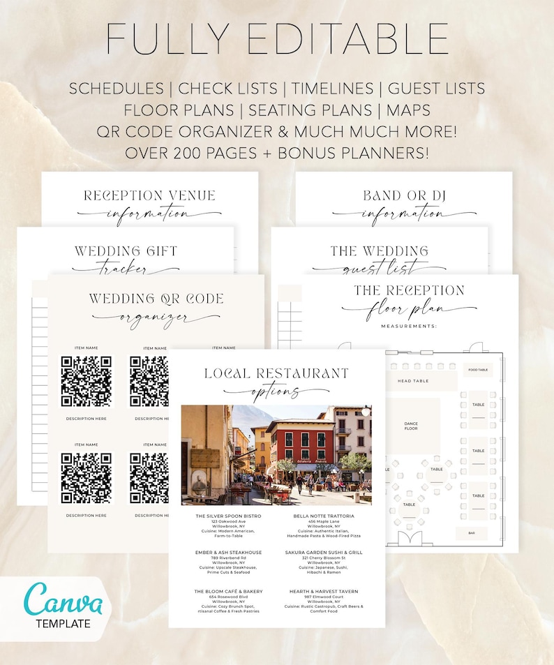 May include: A printable wedding planning checklist with sections for reception venue information, wedding gift tracker, wedding QR code organizer, band or DJ information, the wedding guest list, and the reception floor plan. The checklist also includes a section for local restaurant options with a photo of a restaurant in a European city.