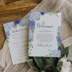 Vintage Blue Hydrangea Wedding Itinerary Template, Wedding Welcome Bag Letter, Weekend Schedule, Information for Guests, Order of Events