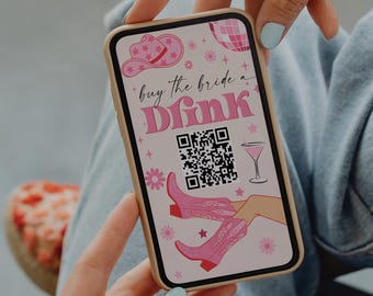 Kup Pannie Młodej drinka za pomocą kodu QR, Venmo, Instagram Story, Szablon wieczoru panieńskiego w Nashville, Weekend panieński w stylu western, Różowa kowbojka