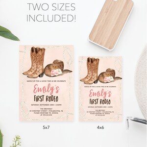 May include: Two printable invitations for a first rodeo party. The invitations feature a pink background with a watercolor illustration of cowboy boots and a cowboy hat. The text on the invitations reads "Emily's First Rodeo" and includes the date, time, and location of the party. The invitations are available in two sizes: 5x7 and 4x6 inches.