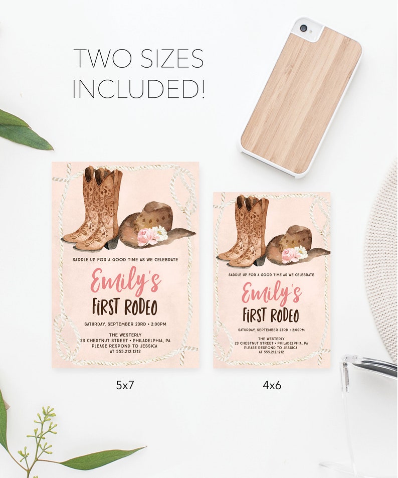 May include: Two printable invitations for a first rodeo party. The invitations feature a pink background with a watercolor illustration of cowboy boots and a cowboy hat. The text on the invitations reads "Emily's First Rodeo" and includes the date, time, and location of the party. The invitations are available in two sizes: 5x7 and 4x6 inches.