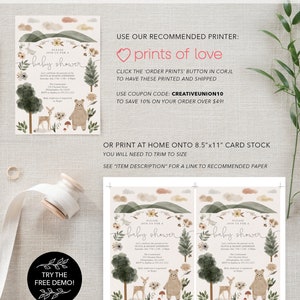 May include: Printable baby shower invitation with a woodland theme. The invitation features a bear, deer, and a forest scene with green, brown, and white colors. The text on the invitation reads "Please join us for a baby shower".
