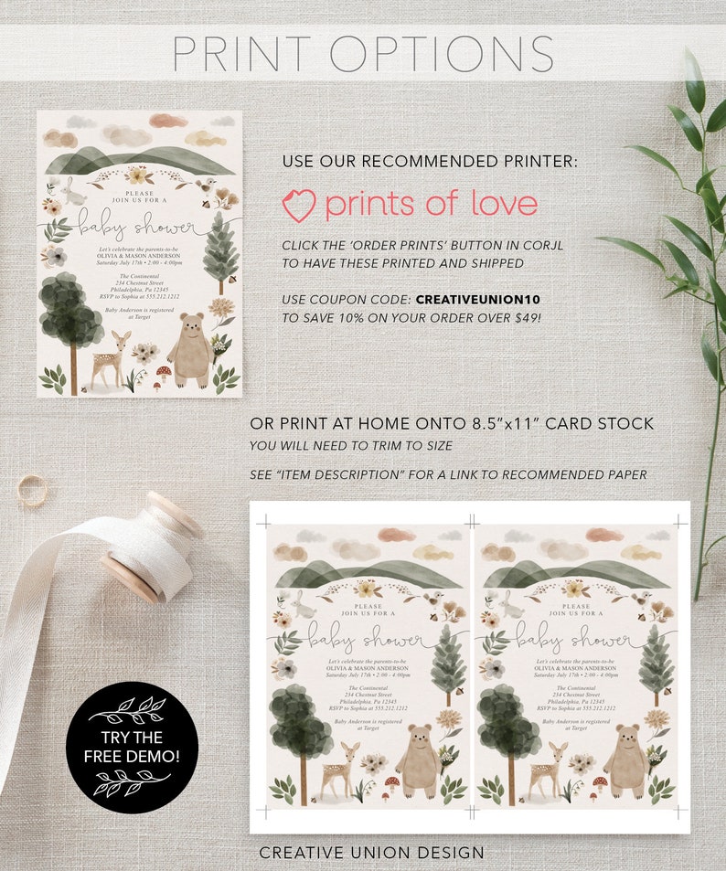 May include: Printable baby shower invitation with a woodland theme. The invitation features a bear, deer, and a forest scene with green, brown, and white colors. The text on the invitation reads "Please join us for a baby shower".