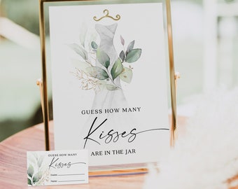 How Many Kisses Bridal Shower Game, Bridal Shower Game, Hershey Kisses Game, Minimalist Bridal Shower Decor, Printable, Watercolor Greenery