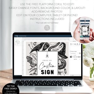 May include: A laptop displays a customizable sign template with Halloween-themed illustrations. The text reads "CREATE ANY Custom SIGN." The image also shows a smartphone with the sign design. The words "FULLY EDITABLE TEMPLATE" are at the top.