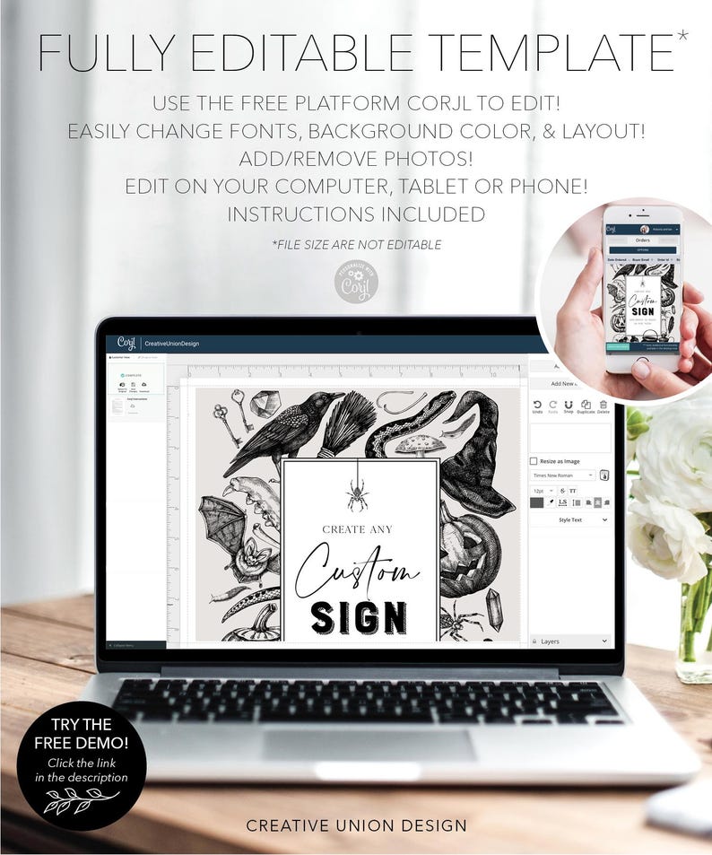 May include: A laptop displays a customizable sign template with Halloween-themed illustrations. The text reads "CREATE ANY Custom SIGN." The image also shows a smartphone with the sign design. The words "FULLY EDITABLE TEMPLATE" are at the top.