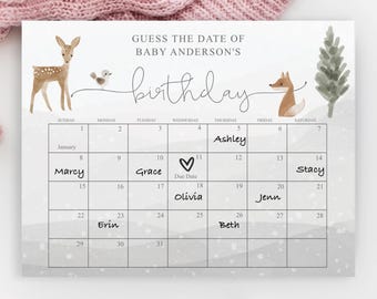 Może przedstawiać: Drukowana gra na baby shower w stylu leśnym. Gra polega na odgadnięciu daty urodzin dziecka. Kalendarz jest ozdobiony jeleniem, ptakiem, lisem i sosną. Termin porodu jest zaznaczony sercem.