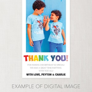 May include: A digital image featuring two young boys in light blue t-shirts and jeans, posing in front of a blue background. The image includes the text "THANK YOU!" in rainbow colors, along with a message and names.