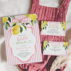 Pink Citrus Baby Shower Invitation Set Template Bundle Printable Thank You Card Diaper Raffle Books For Baby Preppy Stripes Pink Bow Lemon