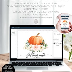 May include: A digital design template for a fall-themed announcement. The design features a watercolor pumpkin with white and pink flowers and the text "falling into".