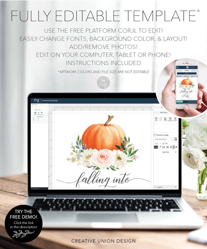 May include: A digital design template for a fall-themed announcement. The design features a watercolor pumpkin with white and pink flowers and the text "falling into".