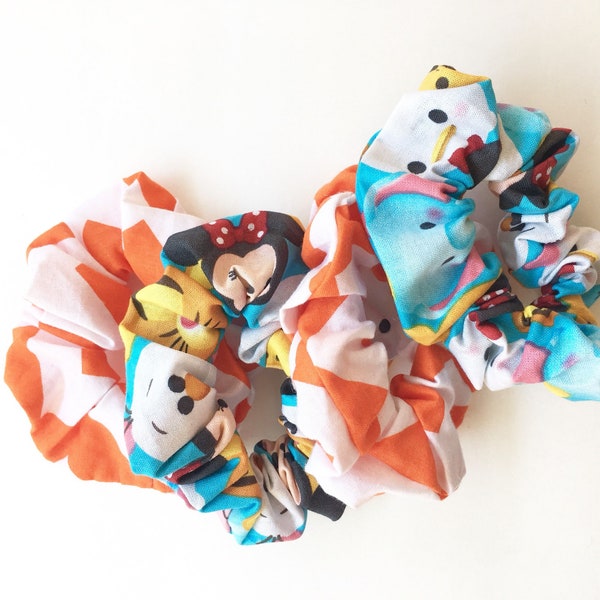 Disney Inspired Scrunchies Tsum Tsum Mickey Mouse, Dumbo, Donald Duck, Minnie Mouse, Olaf, Tigger and orange chevron Hair Band Pony Tail S