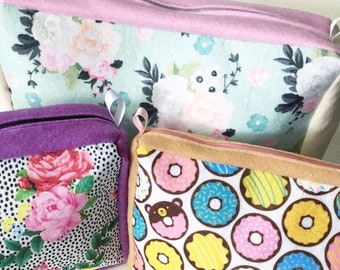 Felt Travel, Cosmetic, Makeup, Toiletries, Bag, donuts, foral, tan, pink, mint, yellow, cream