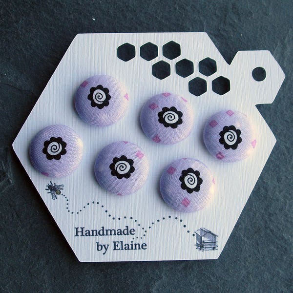 32L Fabric Covered Buttons - 6 x 20mm, Purple Buttons, Flower Buttons, Black Flower With Central Spiral, Purple Squares, Lilac, Mauve, 3896