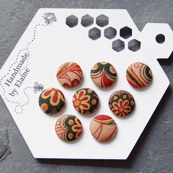 Fabric Covered Buttons - 8 x 15mm buttons, handmade button, cream red green buttons, bohemian buttons, rustic buttons, boho buttons, 1376