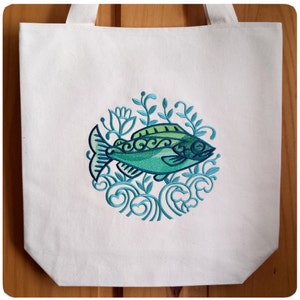 Smaragd Fisch Tasche Bestickt Canvas - Aqua Blau Grün Ombre Einkaufstasche Folk Art Boho Chic Angeln Schwimm kit Schulbuch Tasche, 3005