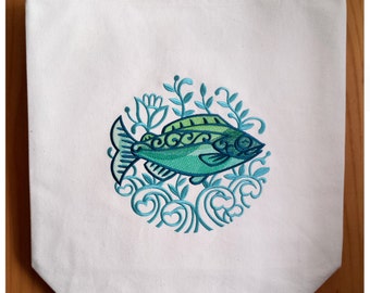 Emerald Fish Tote Bag Embroidered Canvas - Aqua Blue Green Ombre Shopping Bag Folk Art Boho Chic Fishing Swimming Kit School Book Bag, 3005