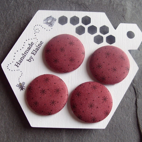 44L Fabric Covered Buttons - 4 x 28mm Buttons, Dark Red, Maroon, Plum, Purple Fig, Dusky Claret Red, Asterix, Spotted, Stars, Chalky, 2742