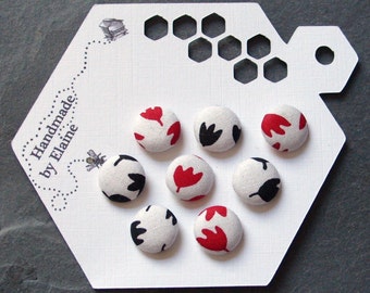 Fabric Covered Buttons - 8 x 14mm buttons, handmade button, tulip buttons, red buttons, black buttons, white buttons, flower buttons, 1541