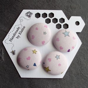 44L Fabric Covered Buttons - 4 x 28mm, Pink Buttons, Heart Buttons, Star Buttons, Purple Heart, Baby Girl, Baby Boy, Cute, Kawaii, Kids,4104
