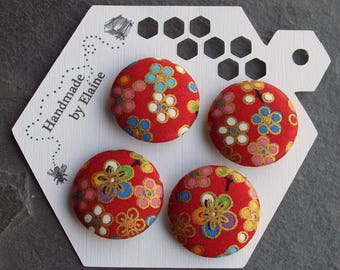44L Fabric Covered Buttons - 4 x 28mm, Red Buttons, Pink Blue White Yellow Gold Mini Flower Buttons, Japanese Blossom, Rainbow Flowers,4169