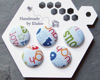 Fabric Covered Buttons - 5 x 22mm buttons, handmade button, kids buttons, childrens buttons, educational buttons, baby blue buttons, 1253