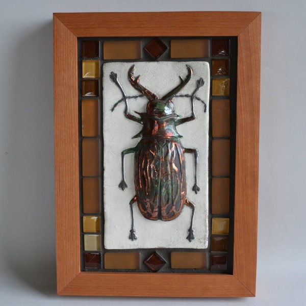 Copper and Green Raku fired Beetle Tile; Custom Cherry Frame and amber  glass tiles