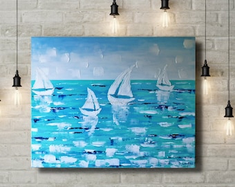 Sailboat Painting: Textured Acrylic Nautical Wall Art, Coastal Decor