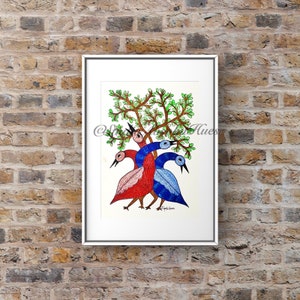 Gond Bird Watercolor Painting: Indian Folk Original & Art Print