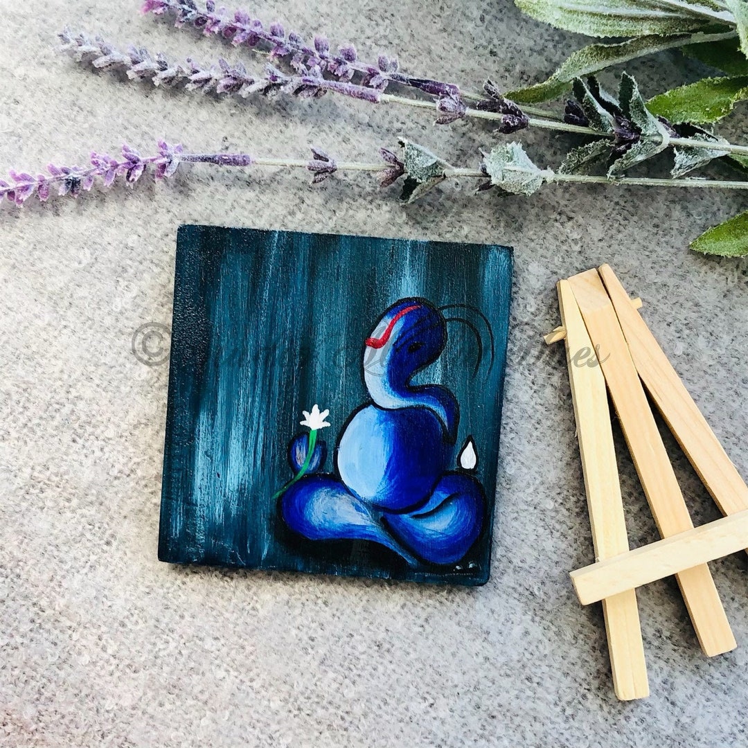 ガネーシャのミニチュアアクリル画（木製イーゼル付き） - Etsy 日本