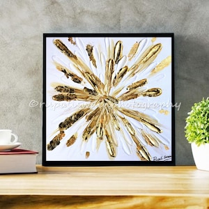 STARSTRUCK: Gold and white abstract painting, Modern contemporary gold leaf white painting on stretched canvas